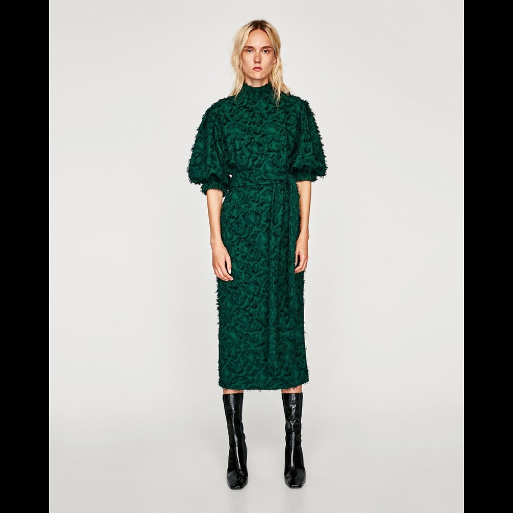 Zara green fringe button shoulder dress. NWT. L.